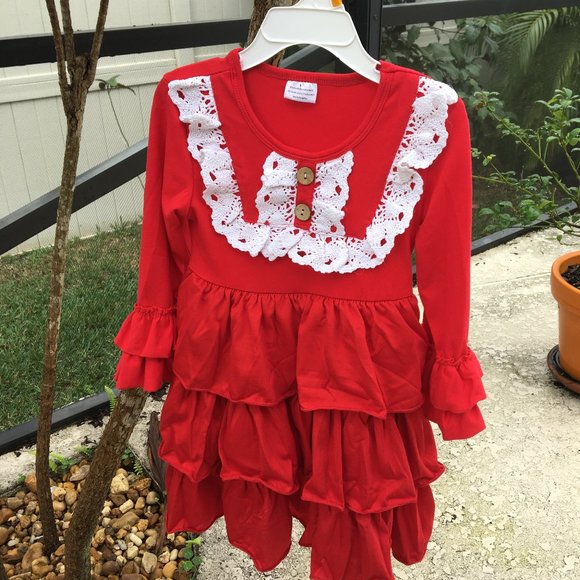 OOh La LLama Red Ruffle Dress w/Bow - Picture 2 of 3